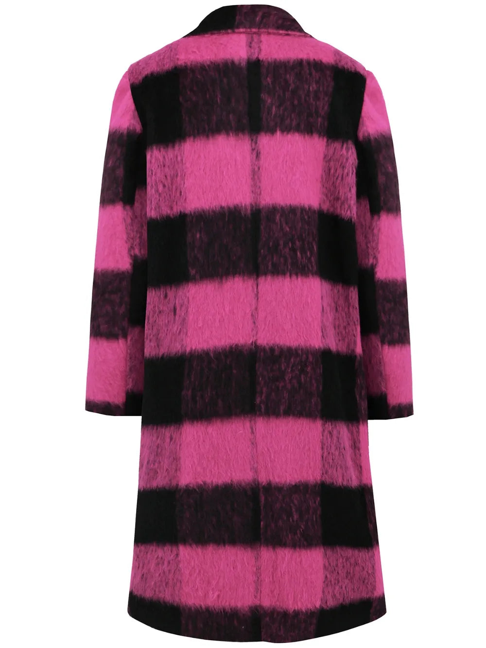 Plaid Double-Breasted Long Sleeve Coat - Hot Pink