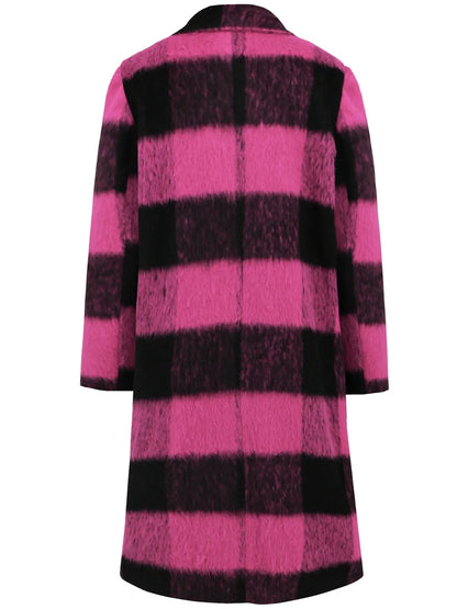 Plaid Double-Breasted Long Sleeve Coat - Hot Pink