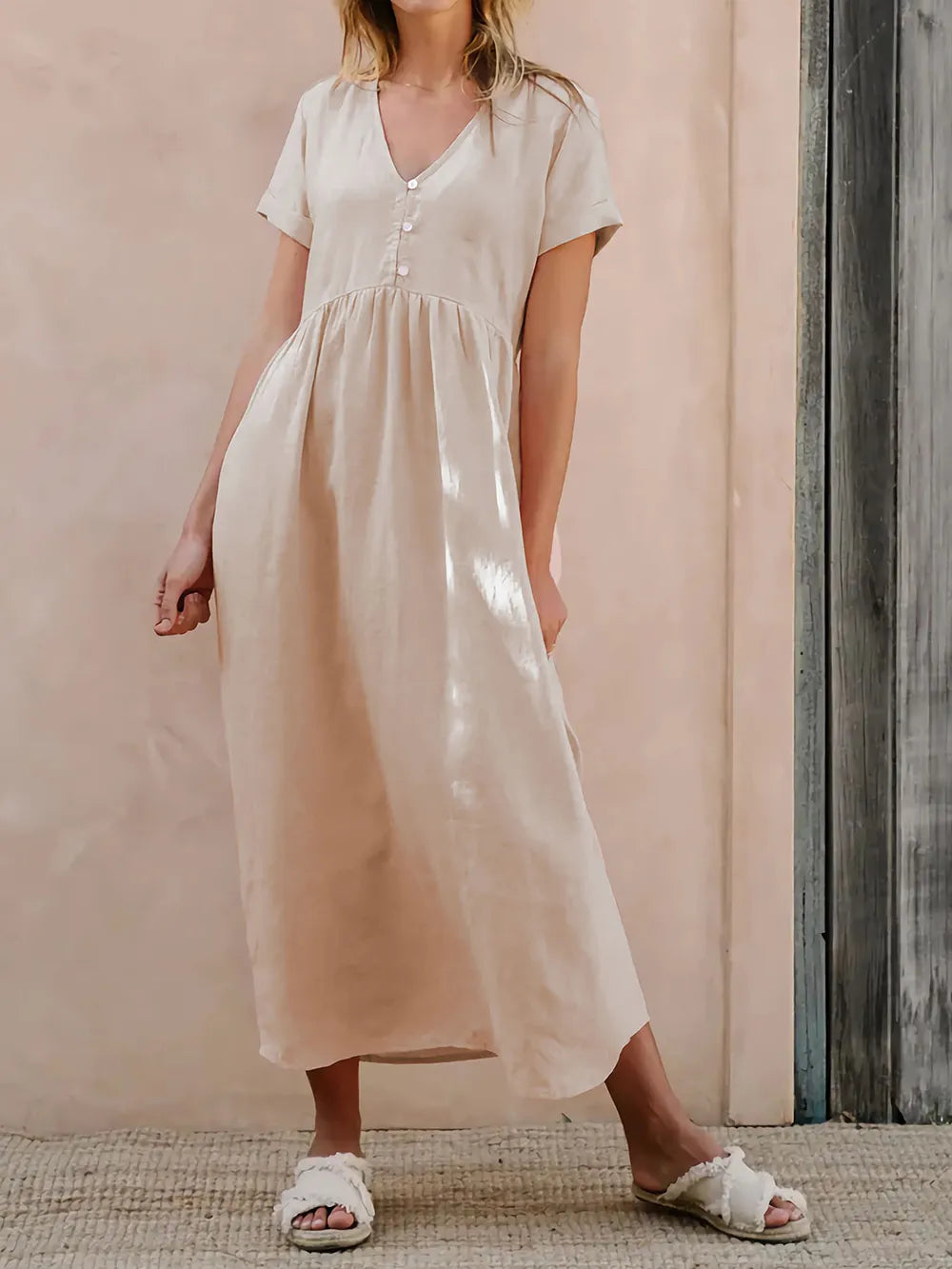 V-Neck Short Sleeve Midi Dress -