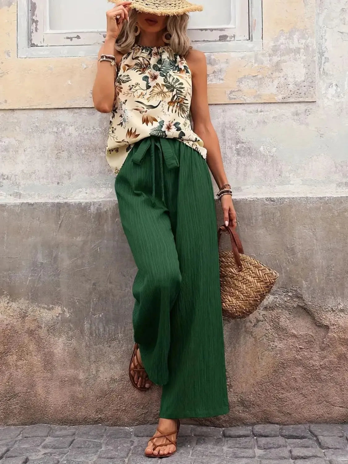 Printed Tank Top and Wide Leg Pants Set -