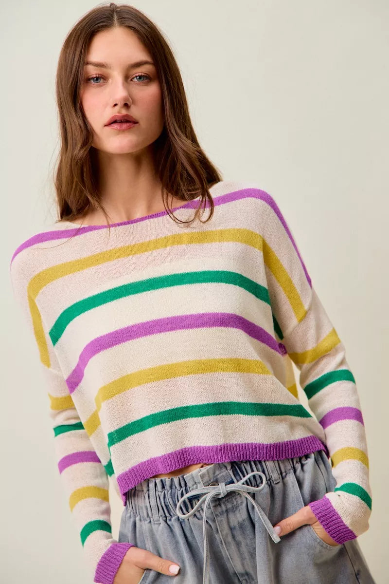 Mardi Gras Color Stripe Lightweight Sweater Top -