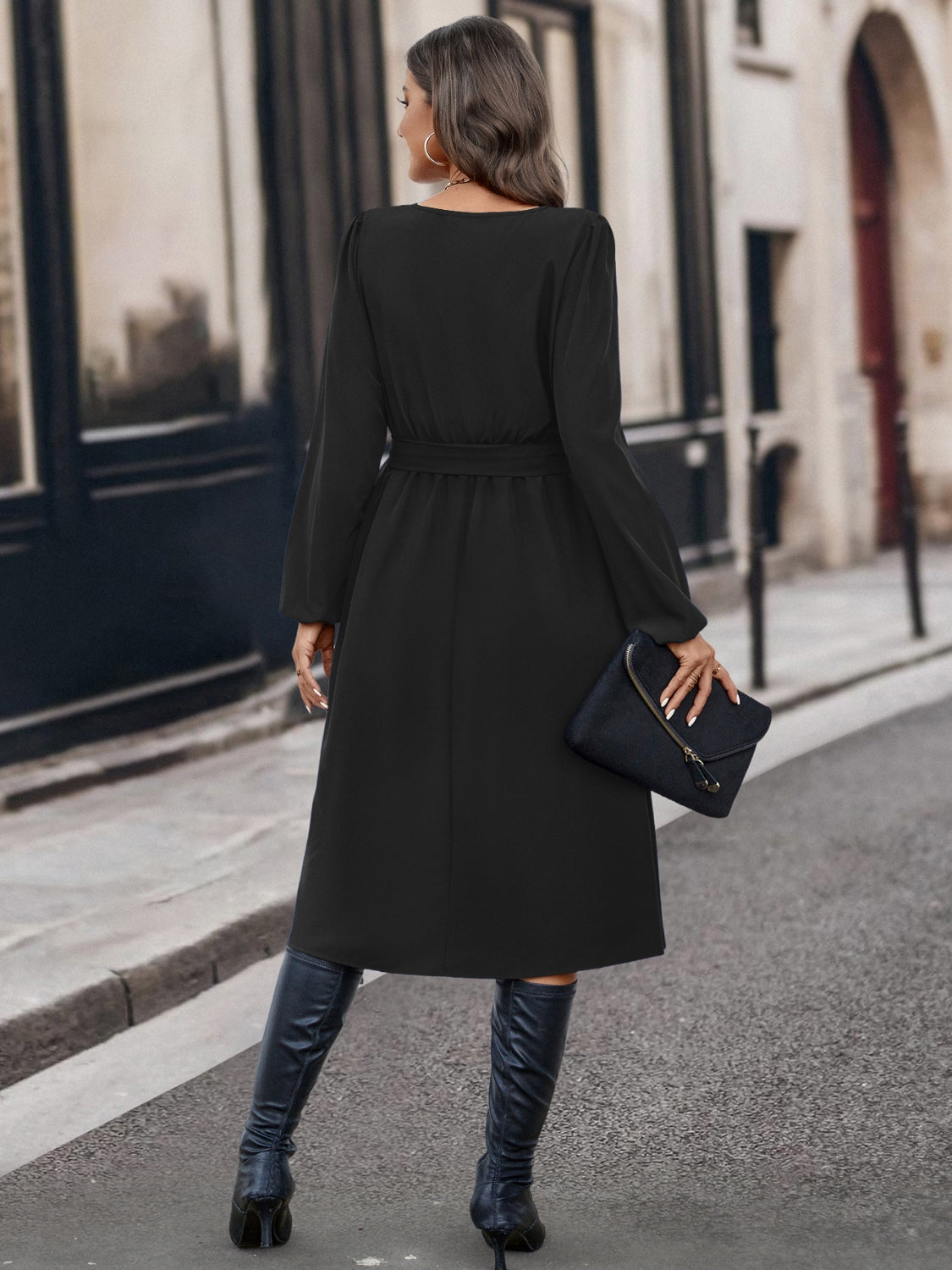 Buttoned Tie Front Long Sleeve Asymmetrical Neck Dress | AdoreStarr