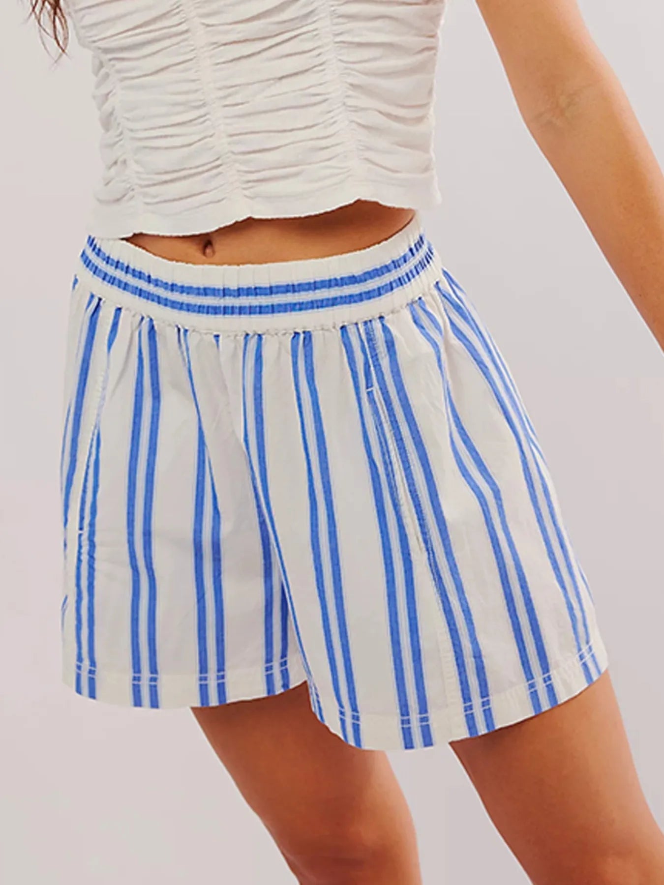 High-Waist Linen Blend Summer Shorts - Blue