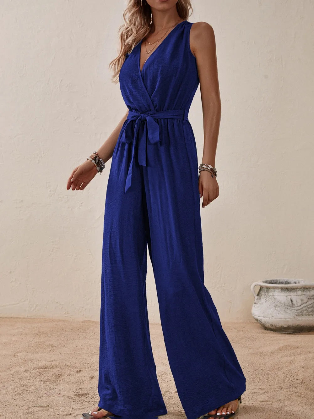 Honey Tied Surplice Wide Leg Jumpsuit - Indigo