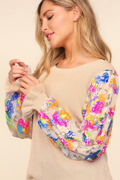 Floral Sequins Mesh Flounce Sleeve Sweater - Tan