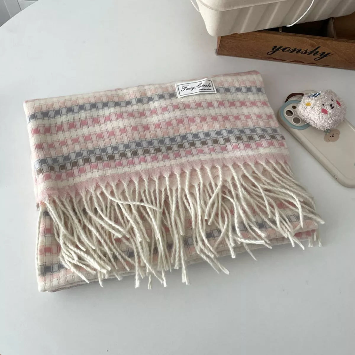 Plaid Fringe Warm Scarf - Beige One Size