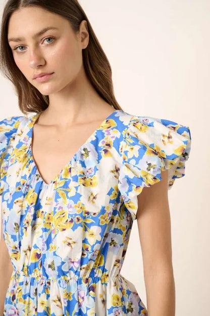 Floral V-Neck Cap Sleeve Mini Dress -