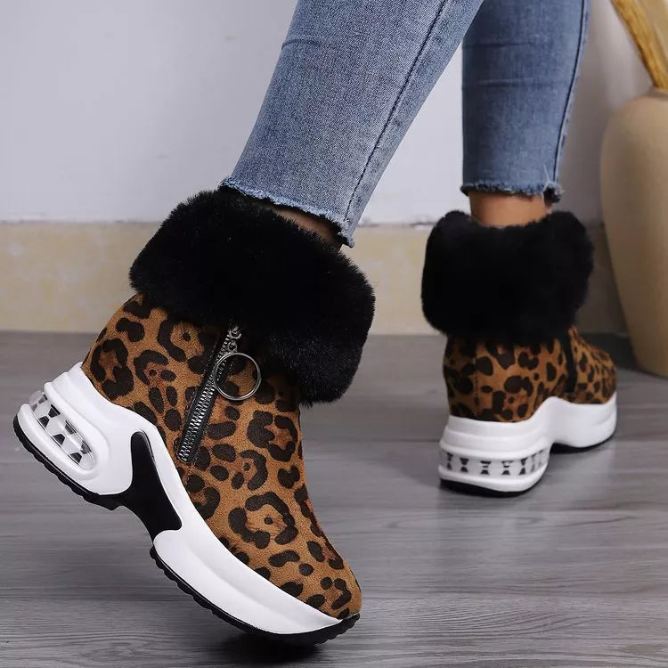 Fuzzy Side Zipper Platform Ankle Boots -