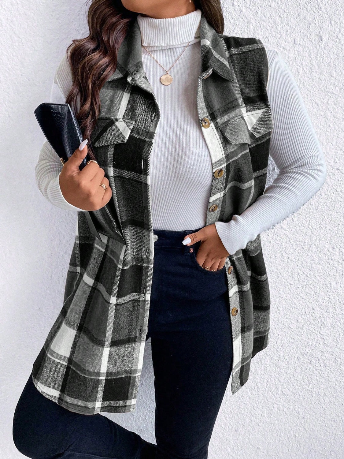 Plus Size Pocketed Plaid Button Up Vest Coat - Black