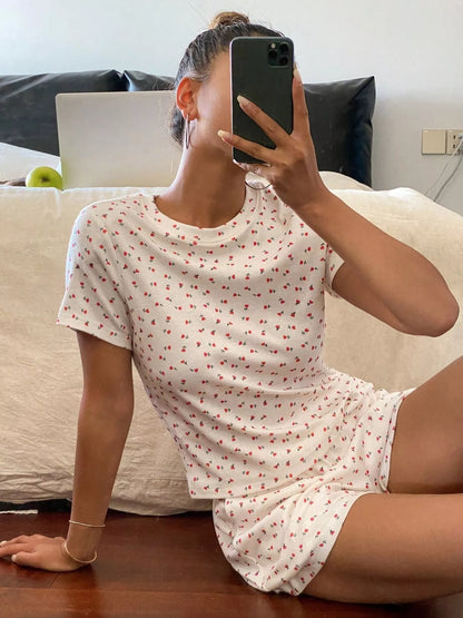 Floral Round Neck Top and Shorts Lounge Set -