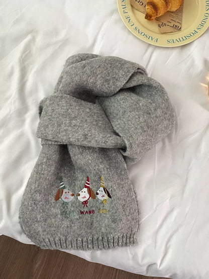 Embroidered Dog Plush Scarf - Gray One Size