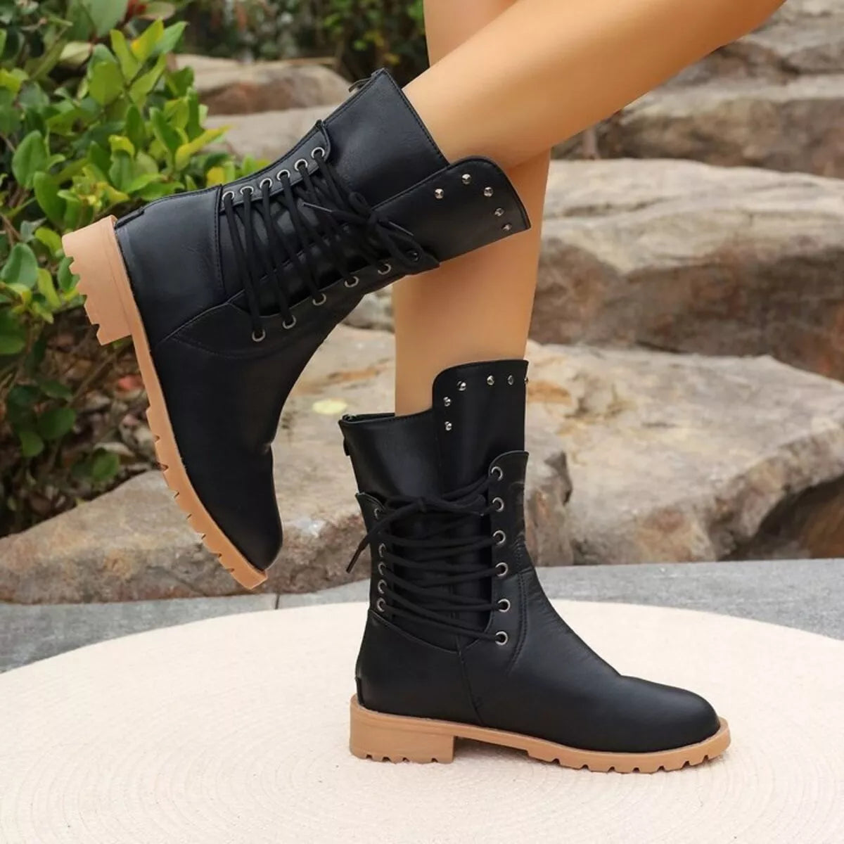 Studded Lace-Up Boots - Black