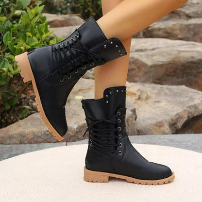 Studded Lace-Up Boots - Black