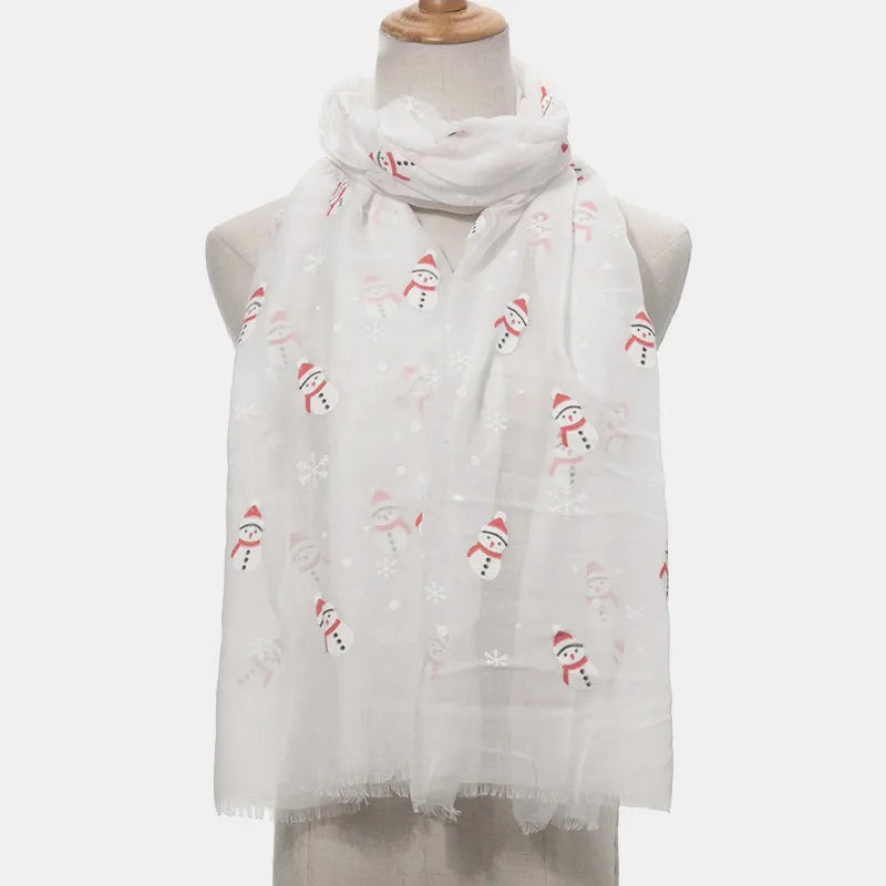 Fringe Snowman Polyester Scarf - White One Size