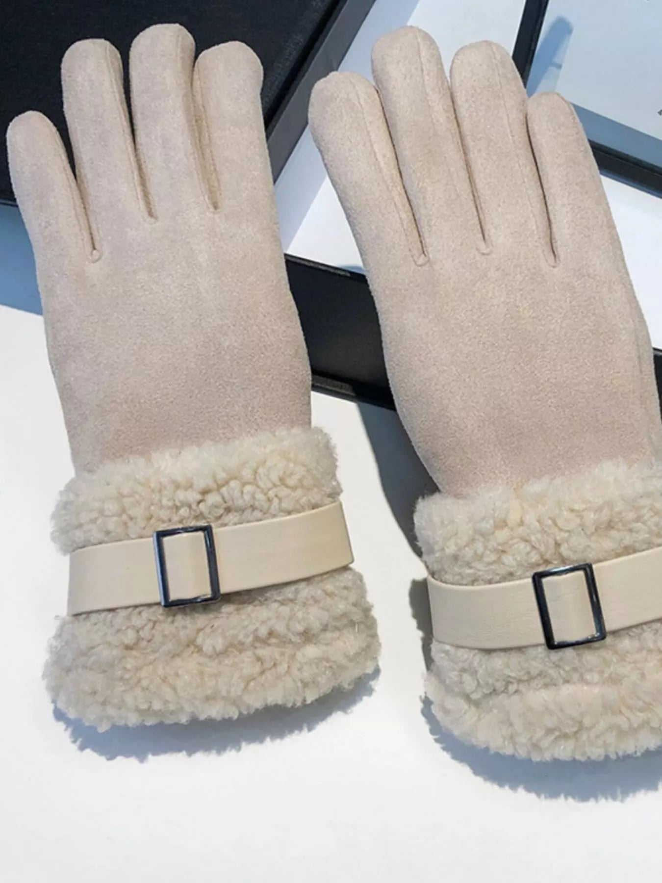 Suede Gloves with Fur Cuff -