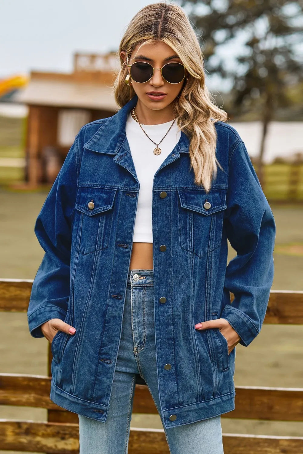 Buttoned Collared Neck Denim Jacket - Dark