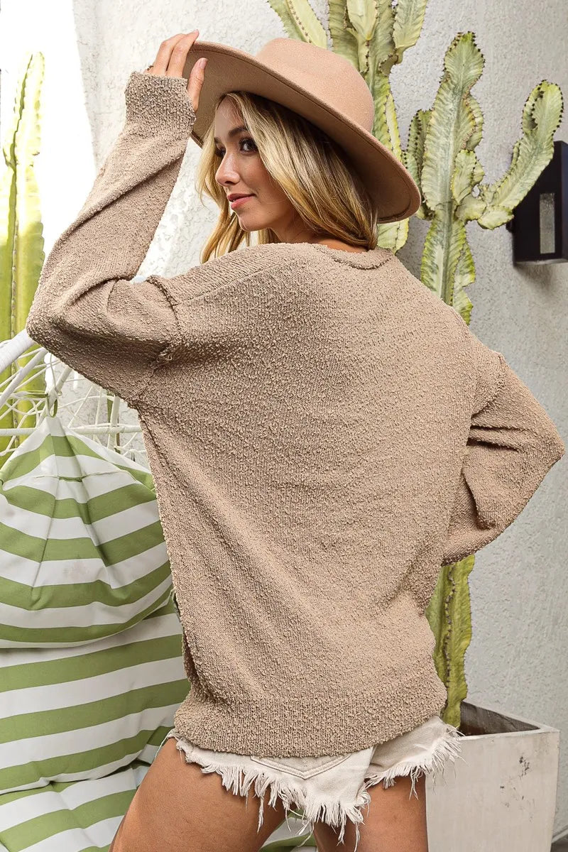 Raw Edged Popcorn Texture V-neck Sweater - Latte