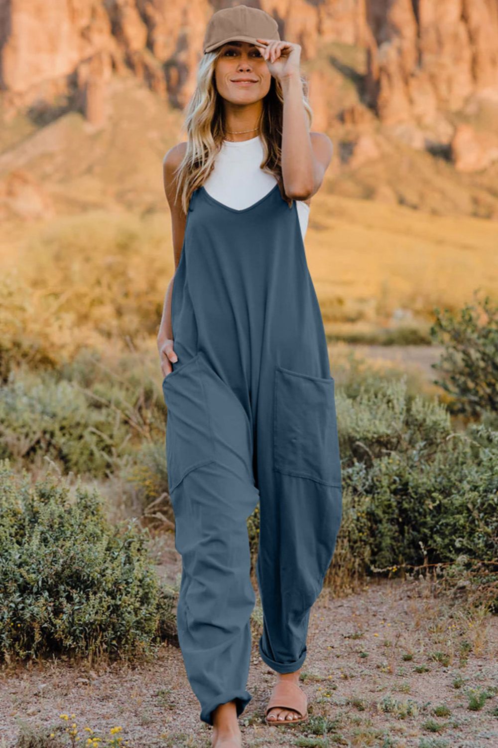 V-Neck Sleeveless Jumpsuit - Azure