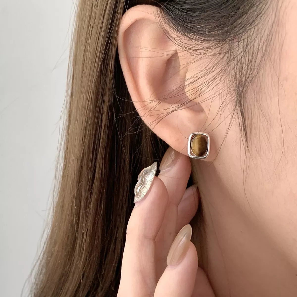 Square Tiger Eye Stud Earrings -