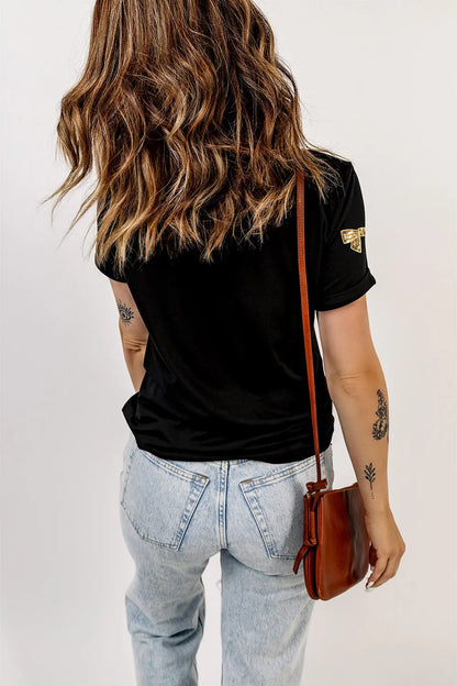 Bow Print Sequin Round Neck Short Sleeve T-Shirt -