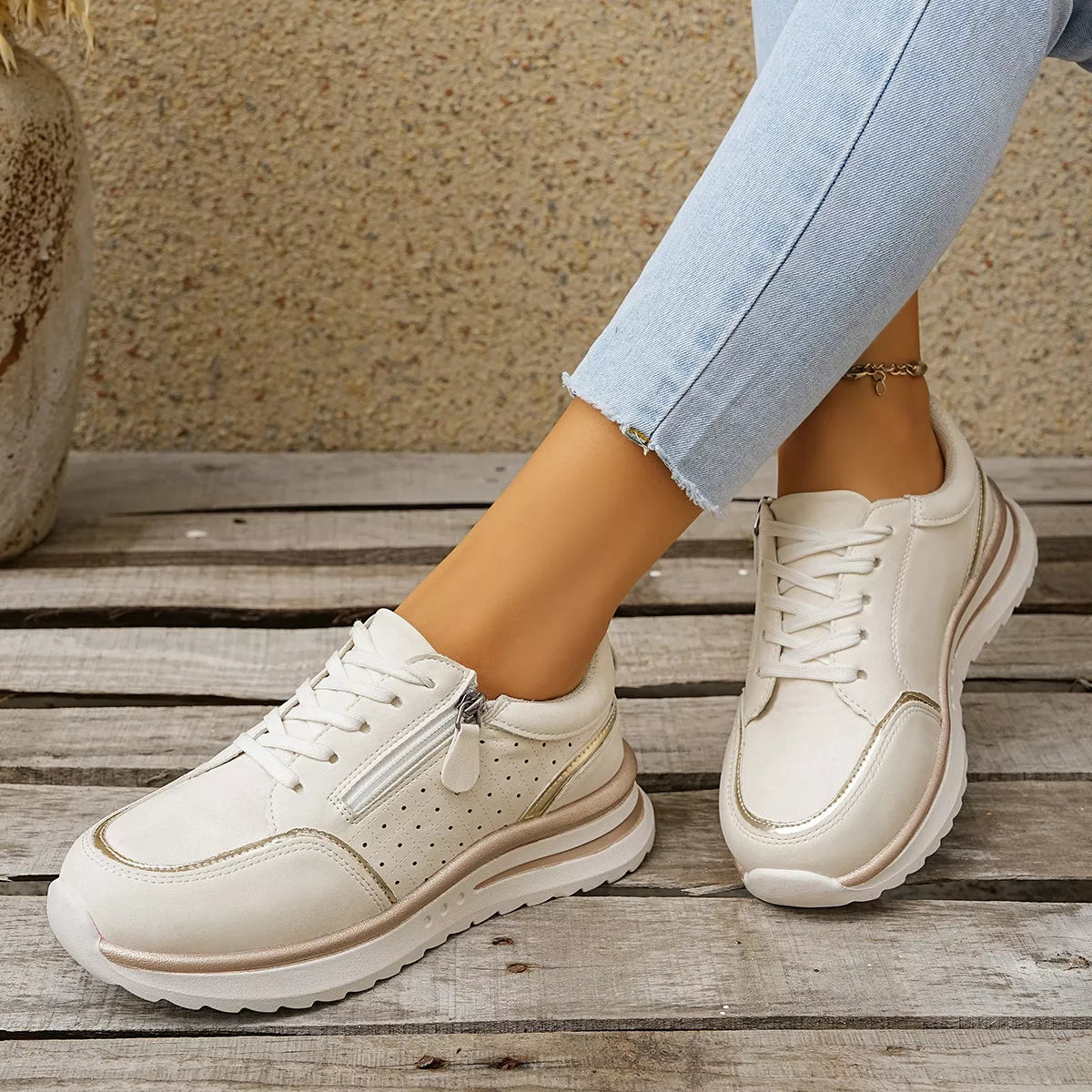 Round Toe Lace Up Sneakers - White