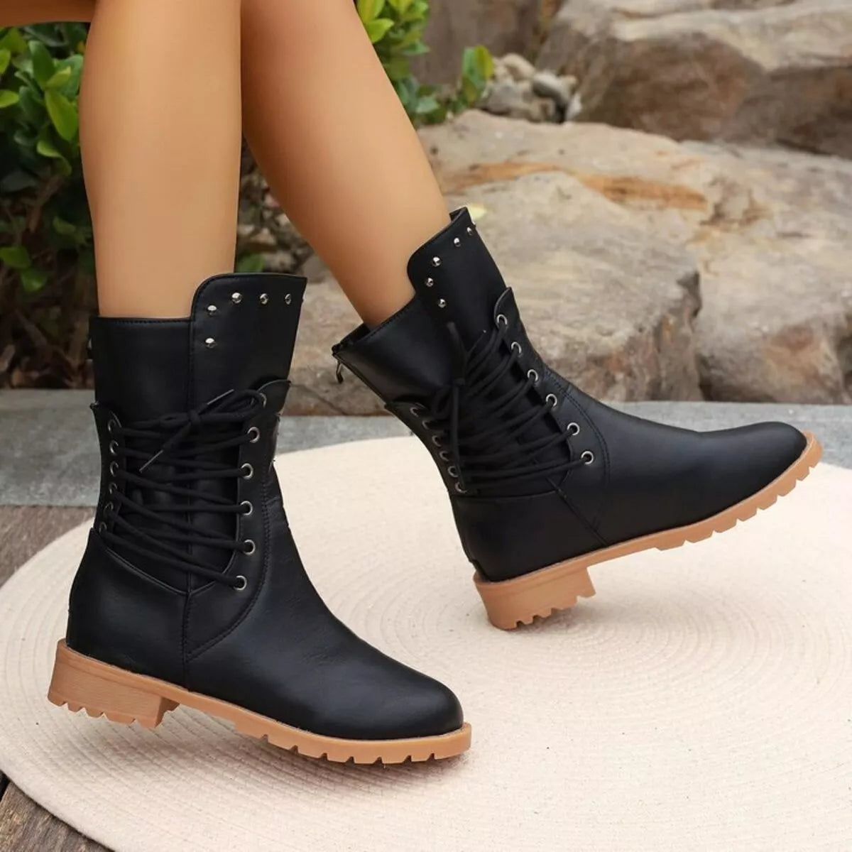 Studded Lace-Up Boots - Black