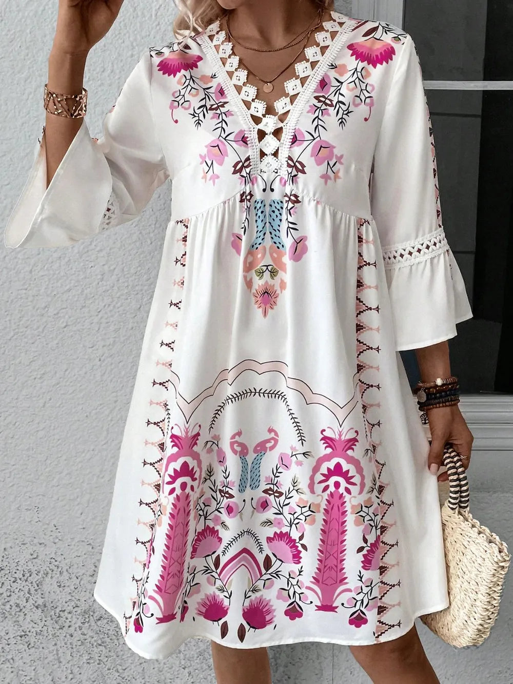 Lace Detail Printed Three-Quarter Sleeve Dress - Deep Rose