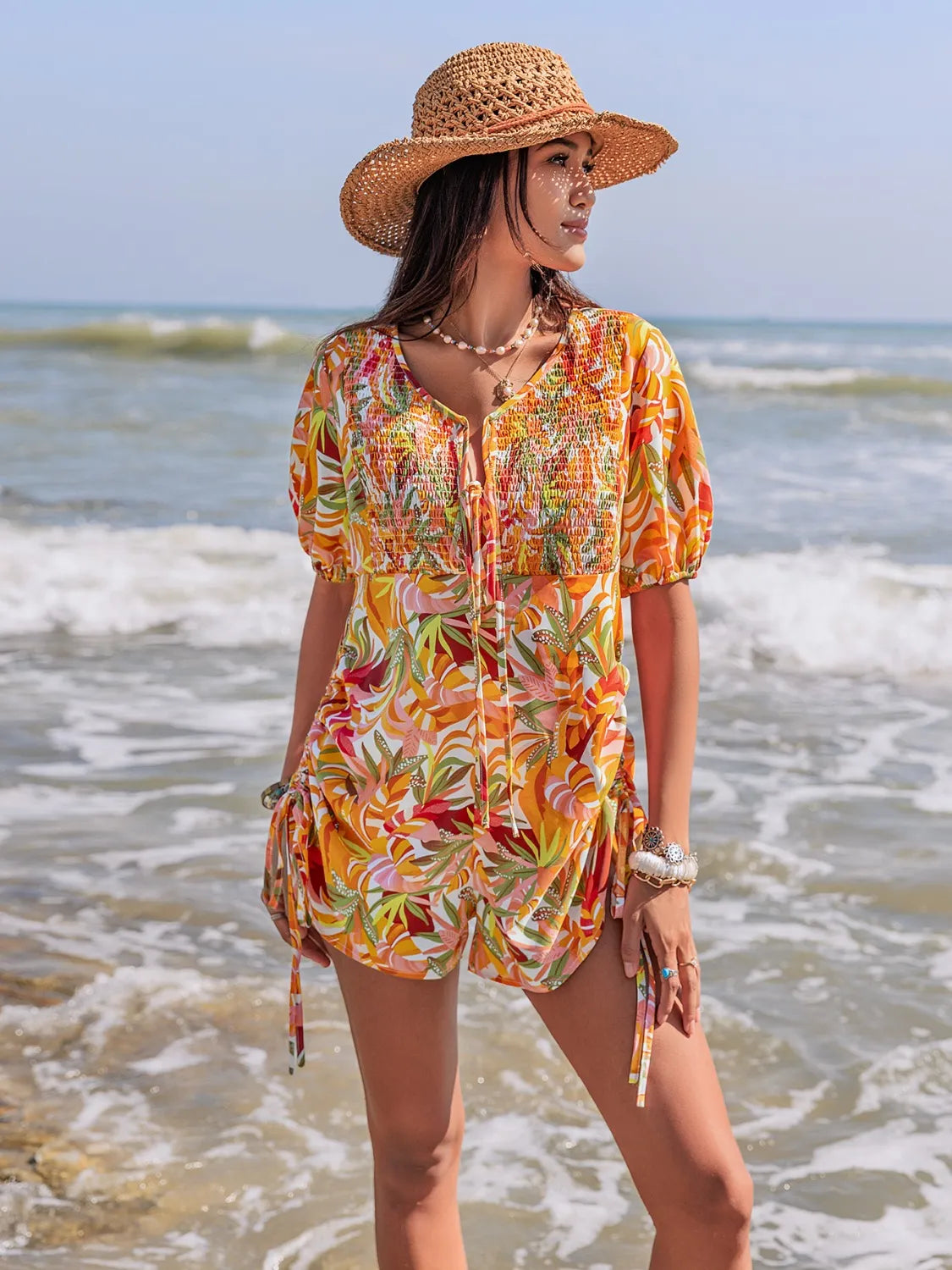 Smocked Printed Tie Neck Romper -
