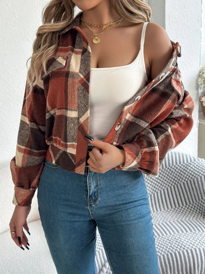 Plaid Button Up Long Sleeve Jacket - Terracotta