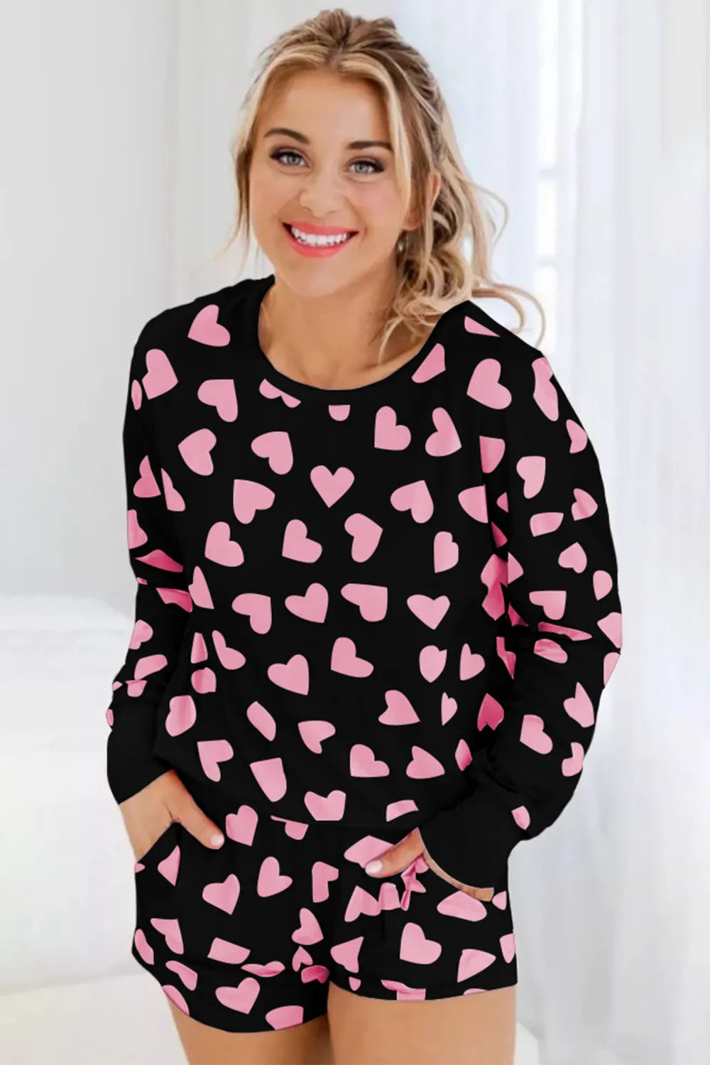 Heart Print Long Sleeve Top and Shorts Lounge Set -