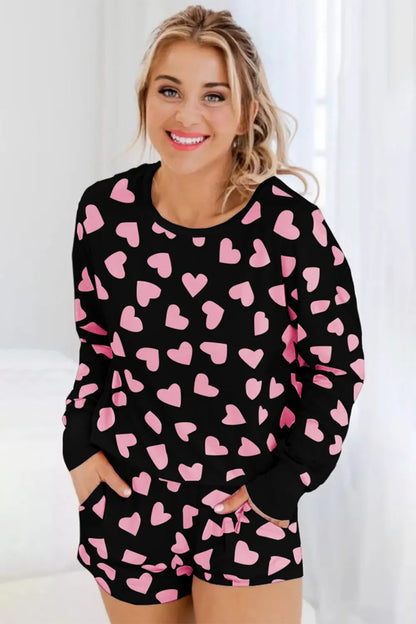 Heart Print Long Sleeve Top and Shorts Lounge Set -