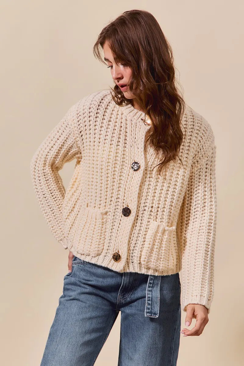 Metal Button Long Sleeve Chunky Sweater Cardigan - Cream
