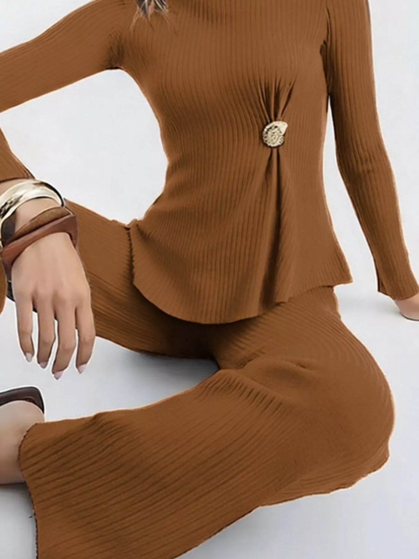 Ribbed Knit Round Neck Top and Pants Sweater Set -