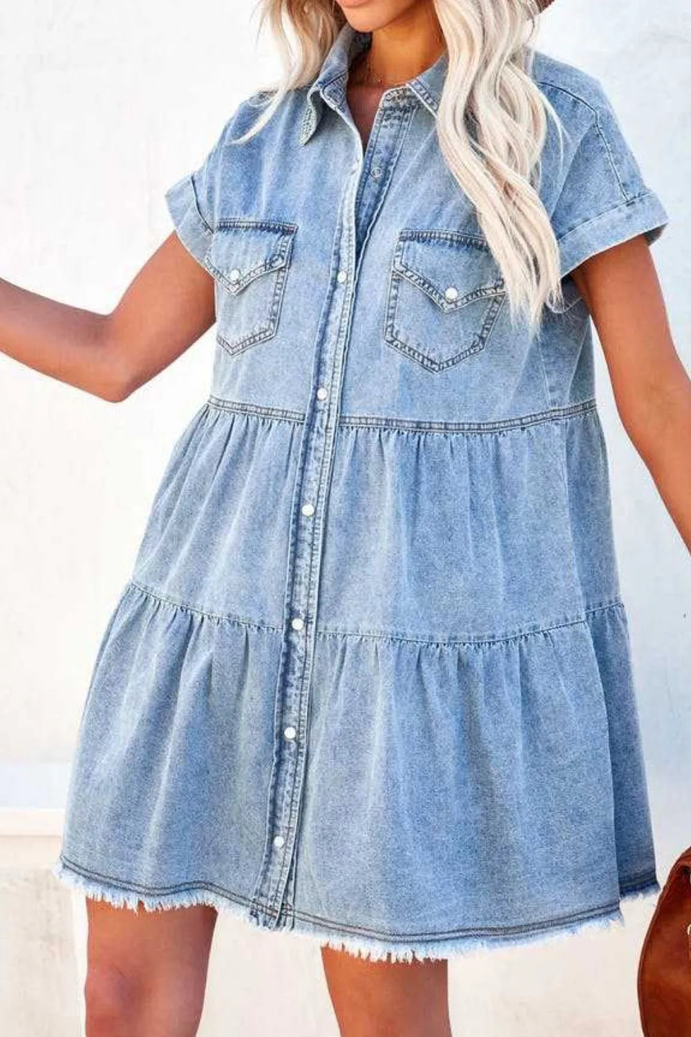 Raw Hem Button Down Denim Mini Dress -