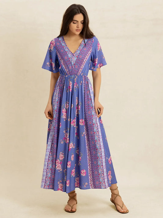 Printed Short Sleeve Midi Dress - Blue Purple
