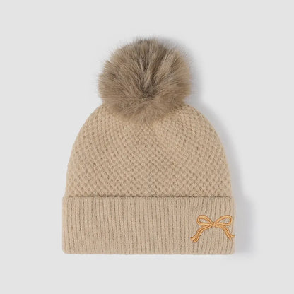 Thermal Bow Knit Hat with Pompom - Tan One Size