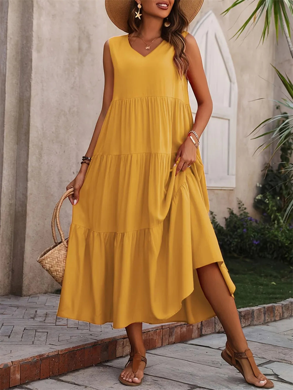 Tiered V-Neck Sleeveless Dress -