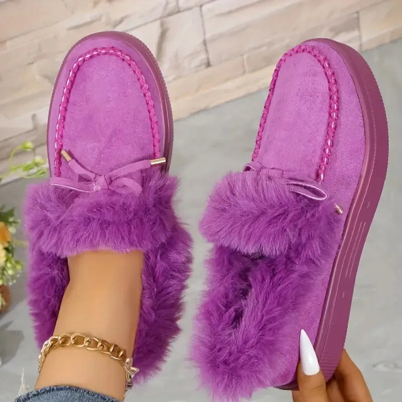 Bow Furry Round Toe Flat Slip-Ons - Red-Violet