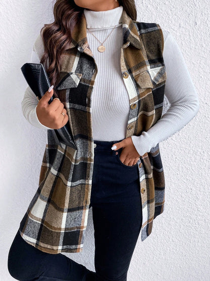 Plus Size Pocketed Plaid Button Up Vest Coat - Camel