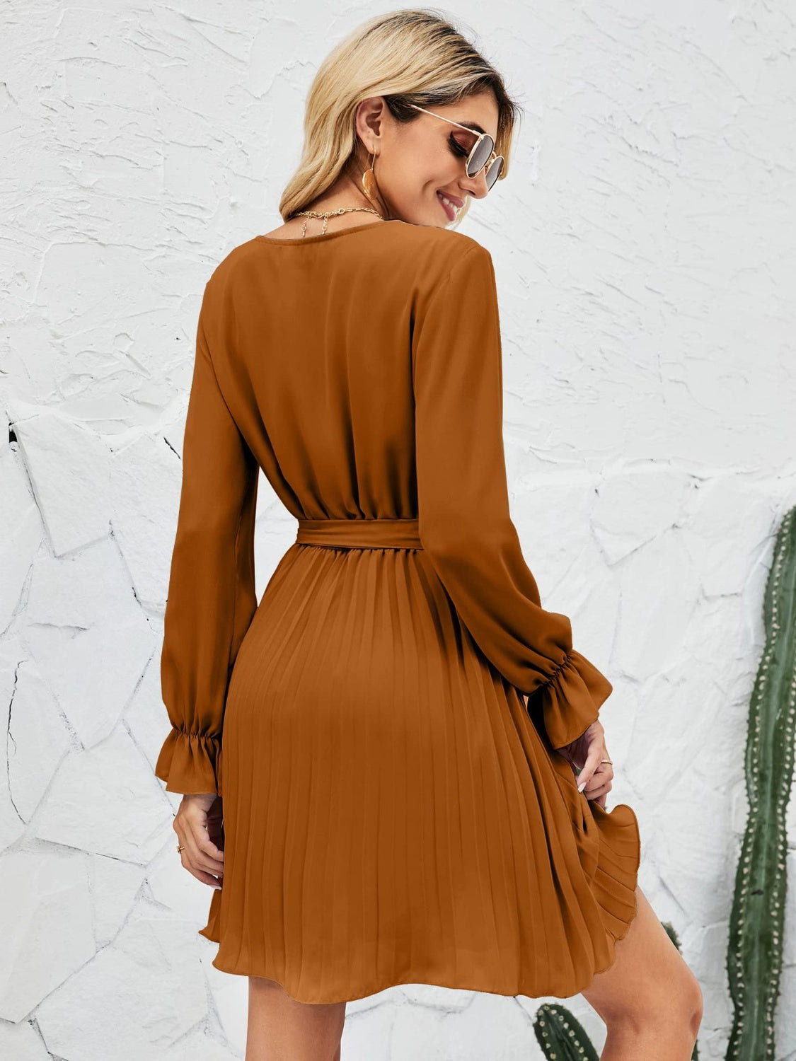 Surplice Flounce Sleeve Pleated Mini Dress - Caramel