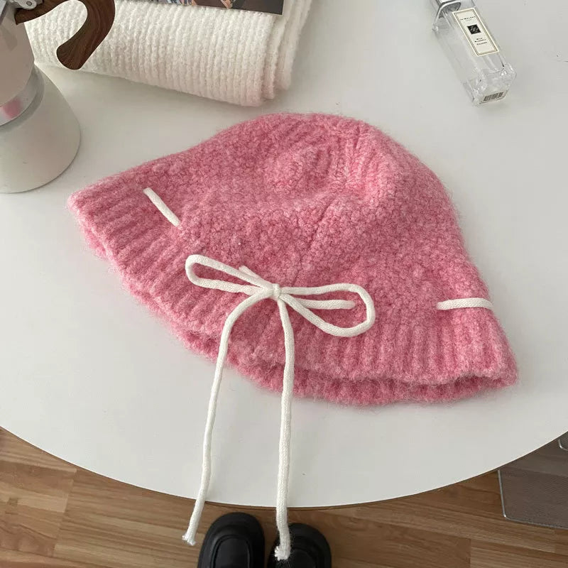 Drawstring Knitted Hat - Pink One Size