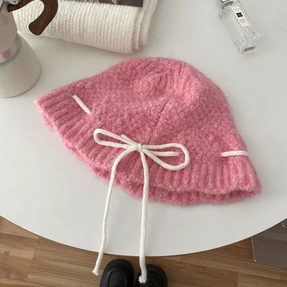 Drawstring Knitted Hat - Pink One Size