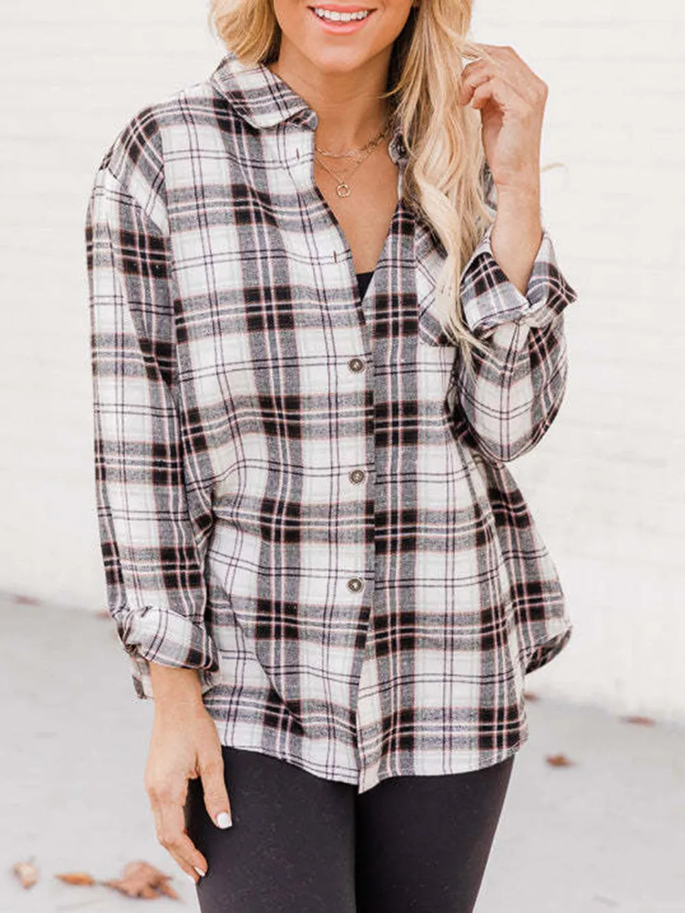 Plaid Collared Neck Long Sleeve Shirt - White