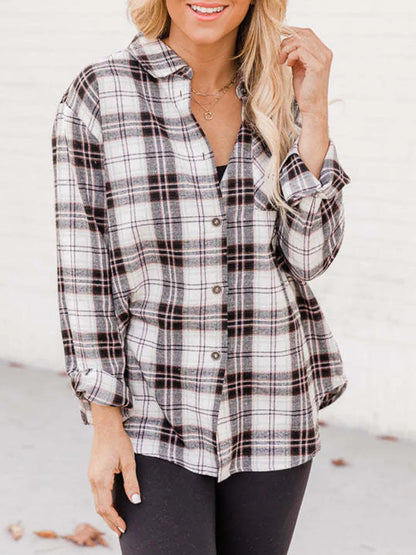 Plaid Collared Neck Long Sleeve Shirt - White