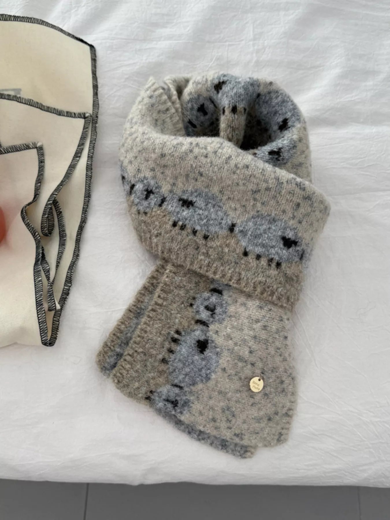 Sheep Pattern Knitted Scarf - Khaki One Size