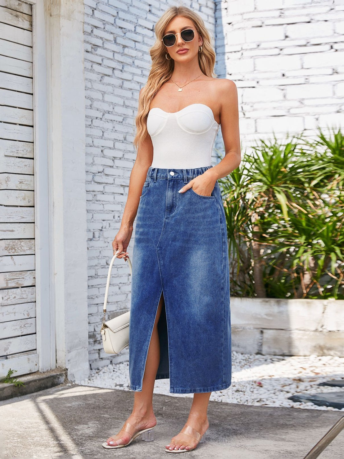 Slit Midi Denim Skirt with Pockets - Dusty Blue