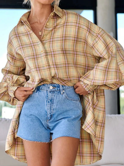 Plaid Button Up Long Sleeve Shirt - Pastel Yellow