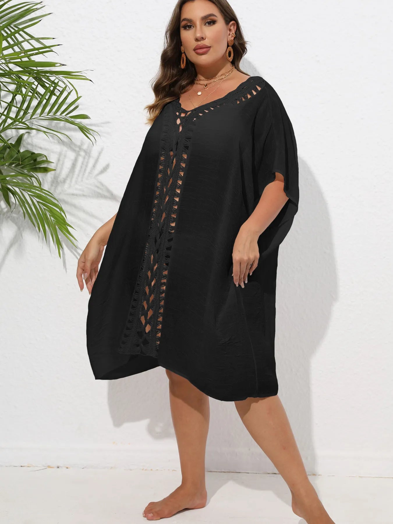 Crochet Trim V-Neck Beach Cover-Up Dress -