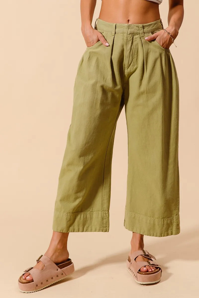 Mid Rise Wide Leg Chino Pants - Sage