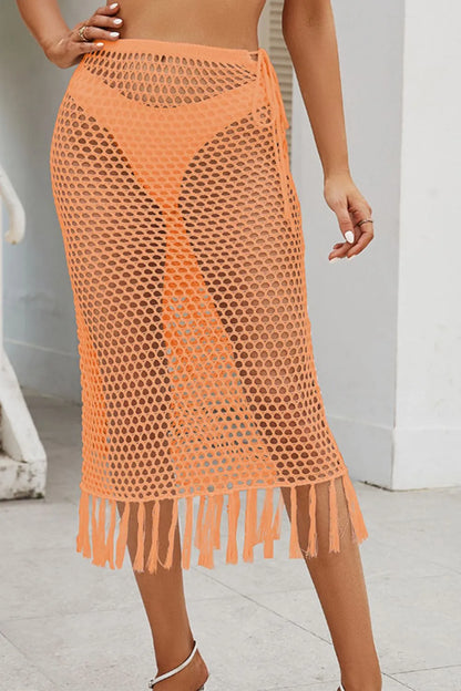 Fringe Openwork High Waist Swim Skirt - Caramel